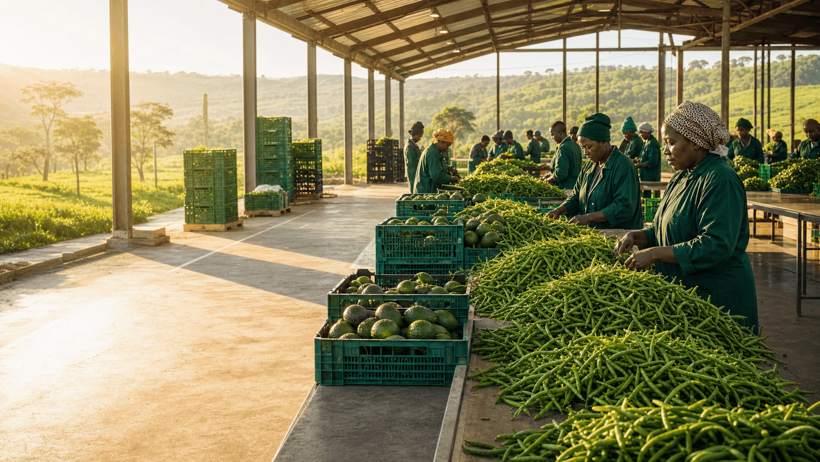Kenyan cooperative workers sorting fresh produce in a golden-hour agricultural facility