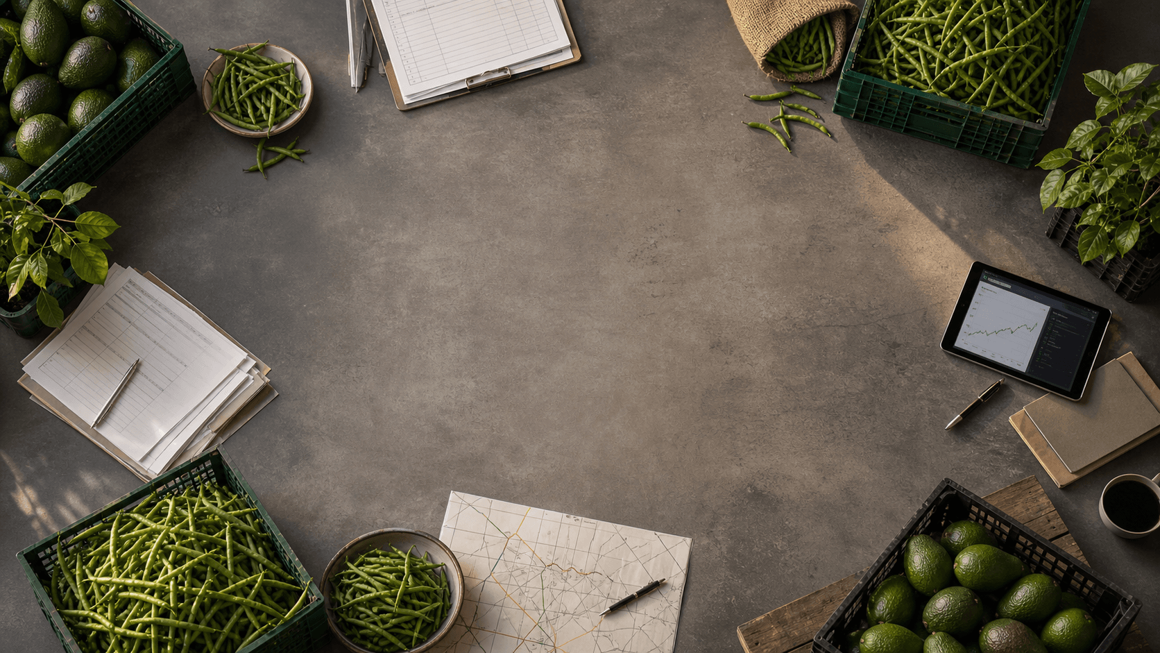 Overhead cooperative planning table with produce, records, and a tablet dashboard